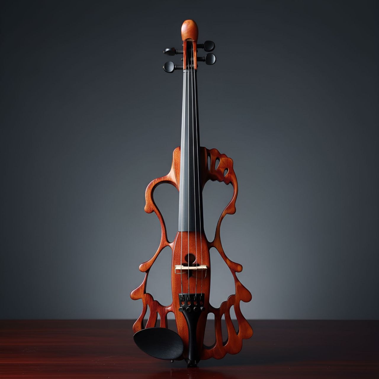 Amber Baroque — Open-frame amber maple. A skeleton of curling amber wood, cut so the air itself becomes the resonator.