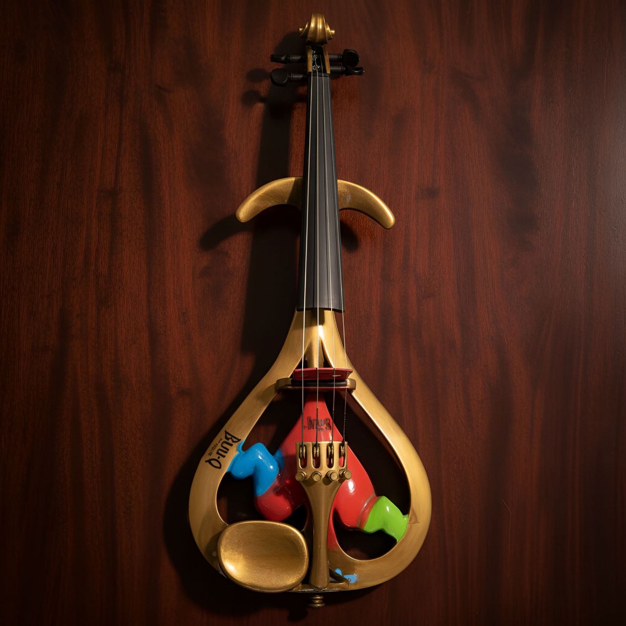 Golden Chamber — Antique gold · three colour hearts. An antique-gold teardrop frame around a scarlet inner chamber, with a blue heart, a red heart and a green heart resting inside.