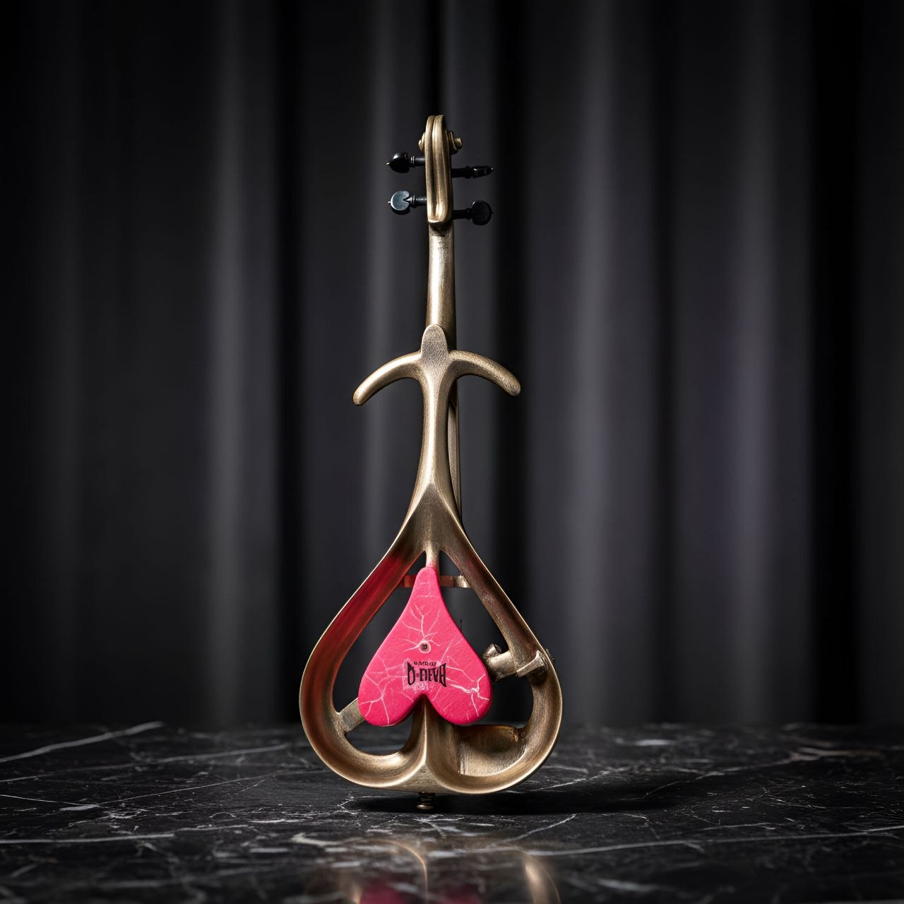 Heartbeat — Aged brass · pink heart. A small brass frame the colour of a worn key, with a single cracked pink heart suspended where the soul of the instrument lives.