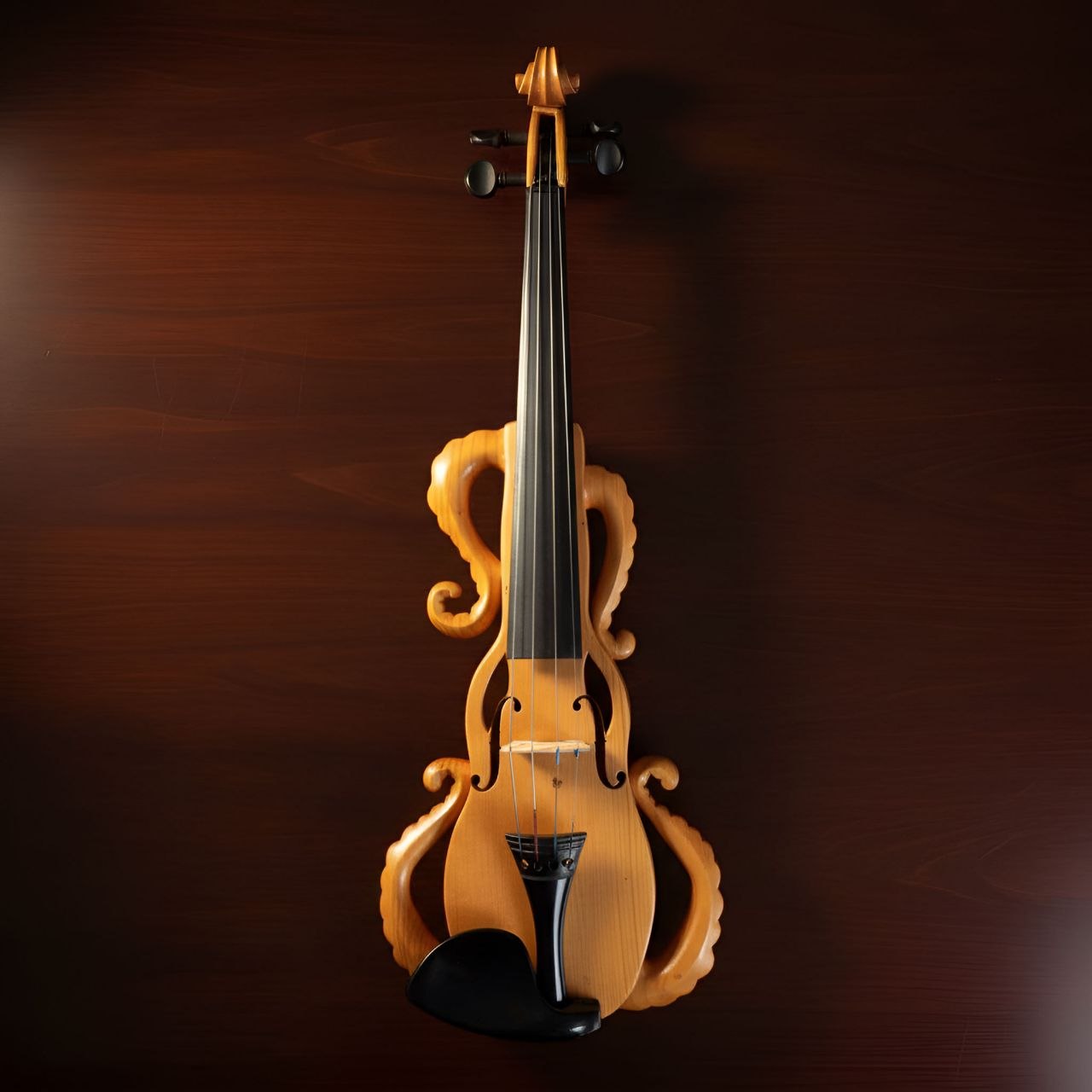 Honey Vine — Honey wood · curling ribs. The classical silhouette, but the ribs curl outwards in two long honey-coloured vines, as if the violin is sprouting back into the tree it came from.