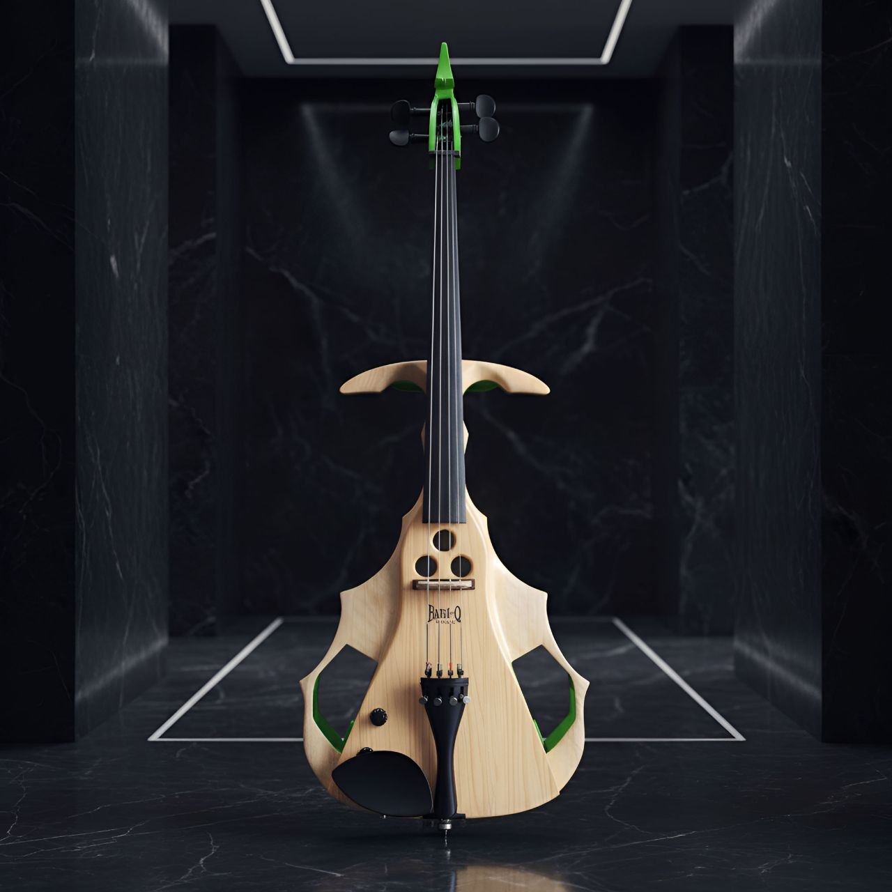 Maple Gothic — Pale maple · green ribs. Pale maple cut into a gothic silhouette: pointed shoulders, three circular sound-holes stacked like cathedral windows, vivid green inlays glowing from the inner ribs.