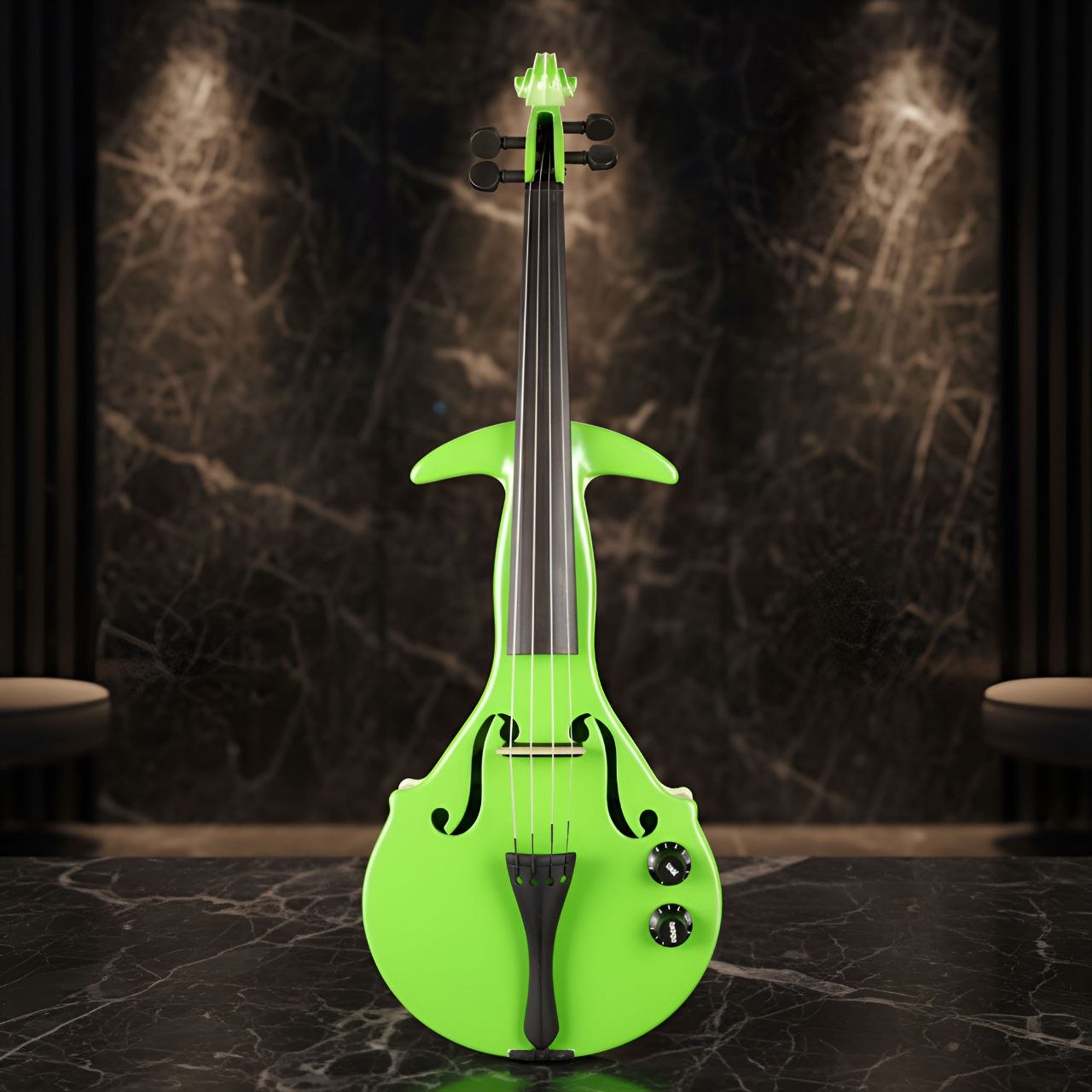 Neon Pulse — Acid green · marble hall. Saturated acid green, two control dials, the silhouette of a classical violin sharpened to a blade.