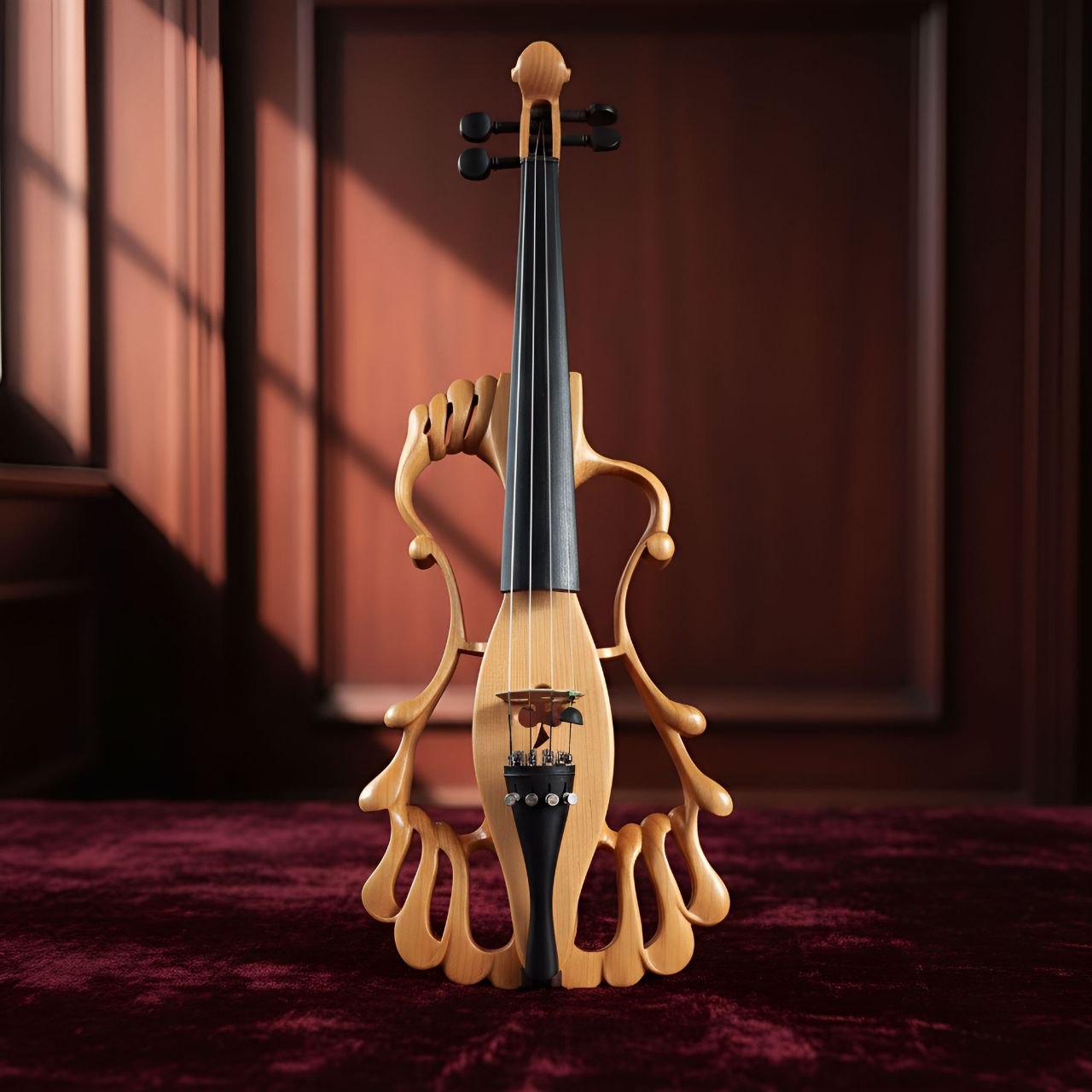 Sunlit Oak — Pale oak · curling ribs. Bari shaped this one from a single block of pale oak, the ribs curling out like wood-shavings caught mid-fall.